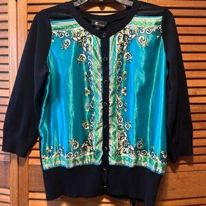 AB Studio Black Knit Sweater with Satin Floral and Chain Designed Front